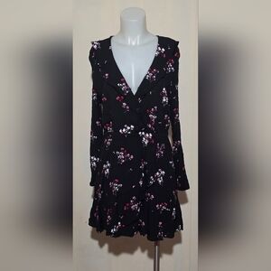 Express Black And Pink Floral Faux Wrap Ruffle Long Sleeve Dress